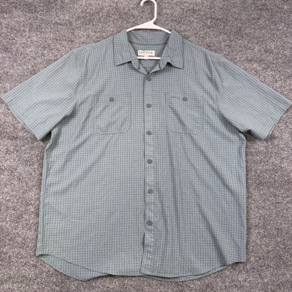 Orvis Mens XL Short Sleeve Button Down Shirt Plaid Blue Green Polyester 1875212